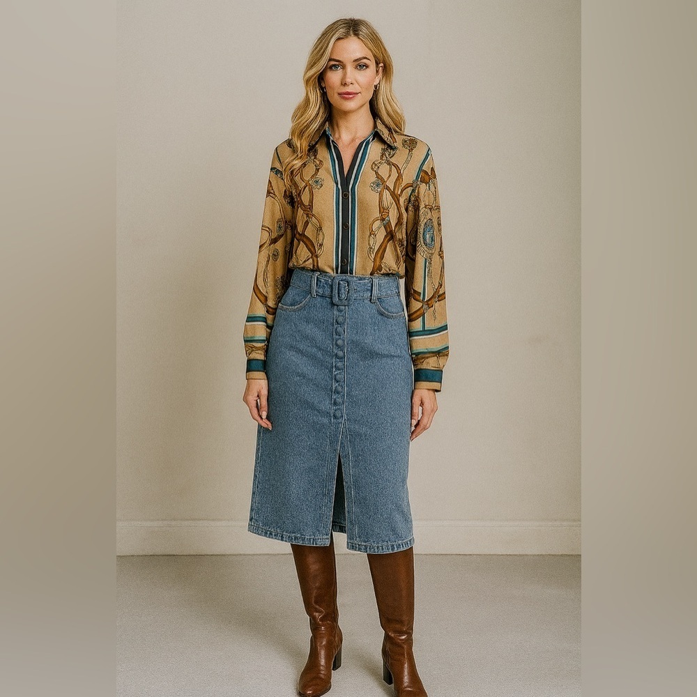 May by Shining Star Denim Midi Skirt European Stretch Belt Buttons Mid Wash S​​​